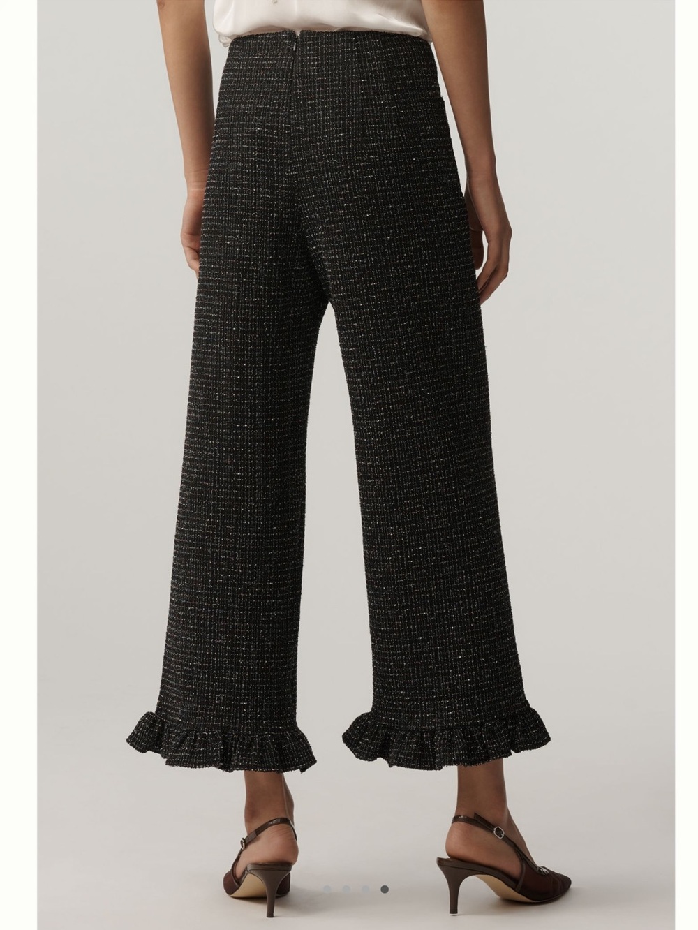 Anthropologie Colette Pants Maeve Cropped Wide Leg Ruffle Tweed New 27 Black